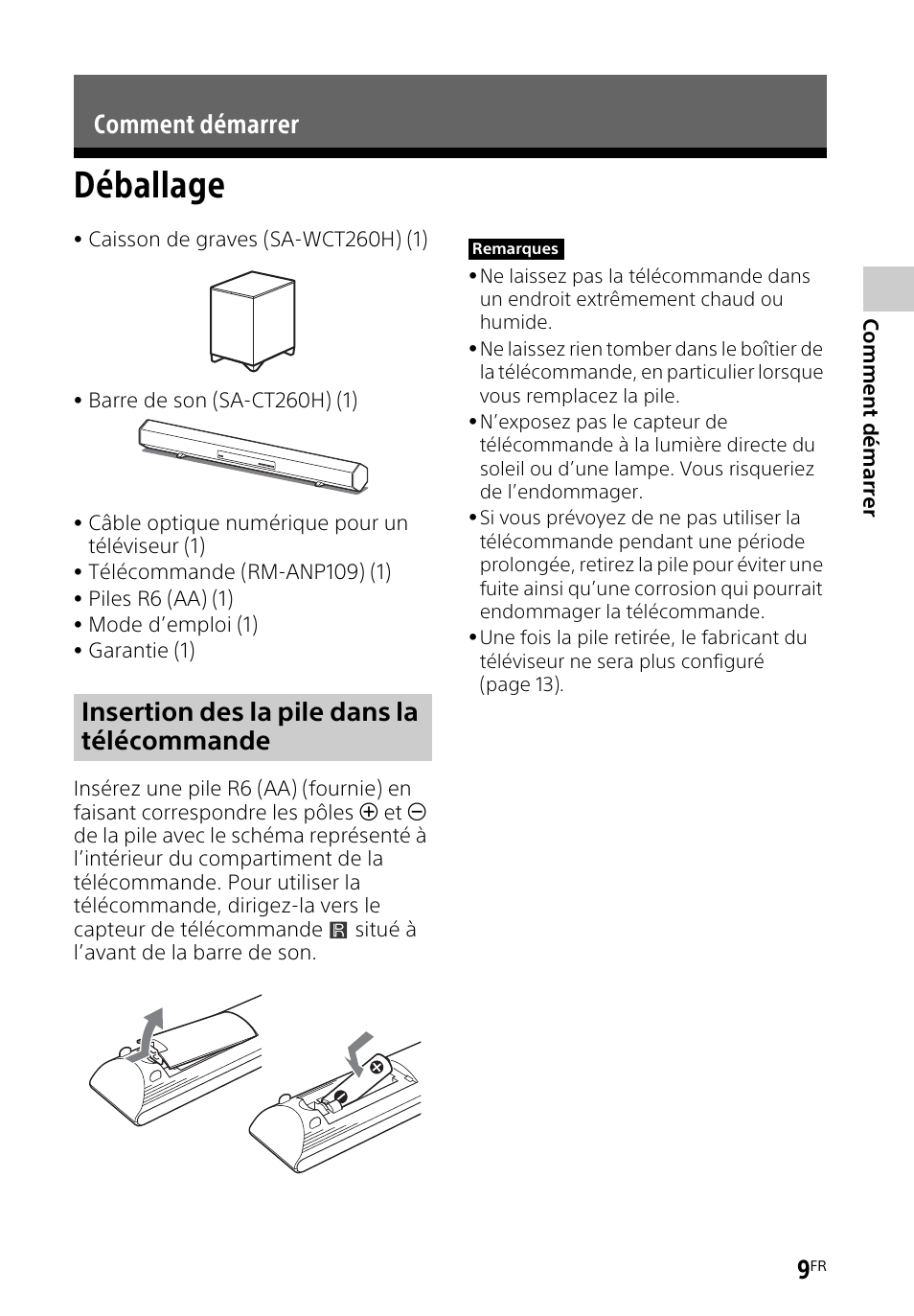 Comment démarrer, Déballage | Sony HT-CT260H User Manual | Page 43 / 108