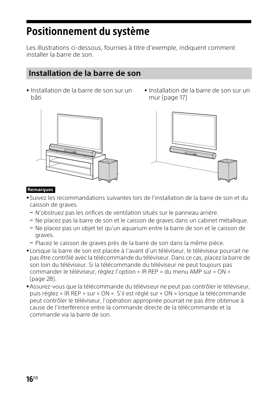 Positionnement du système, Positionnement du, Système | Installation de la barre de son | Sony HT-CT260H User Manual | Page 50 / 108
