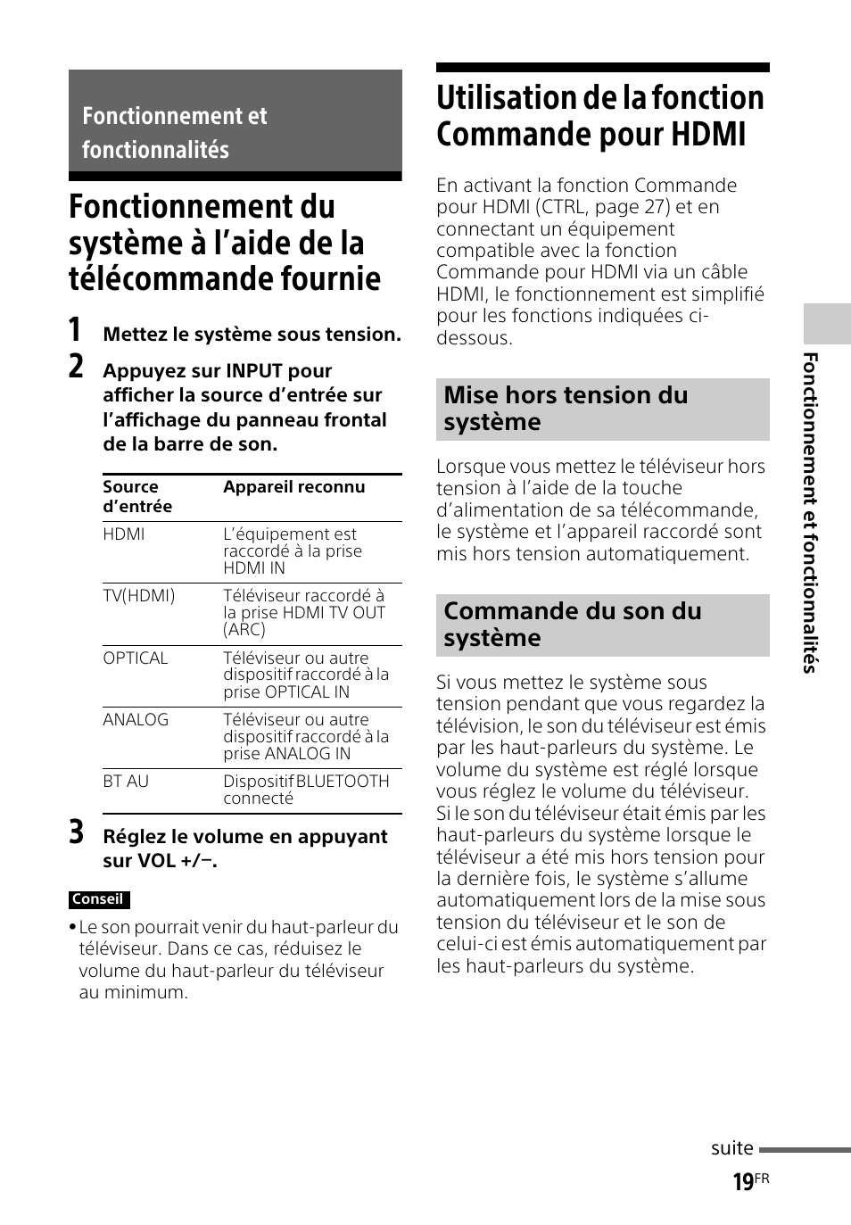 Fonctionnement et fonctionnalités, Utilisation de la fonction commande pour hdmi, Fonctionnement et | Fonctionnalités, Fonctionnement du système, À l’aide de la télécommande fournie, Utilisation de la fonction, Commande pour hdmi | Sony HT-CT260H User Manual | Page 53 / 108
