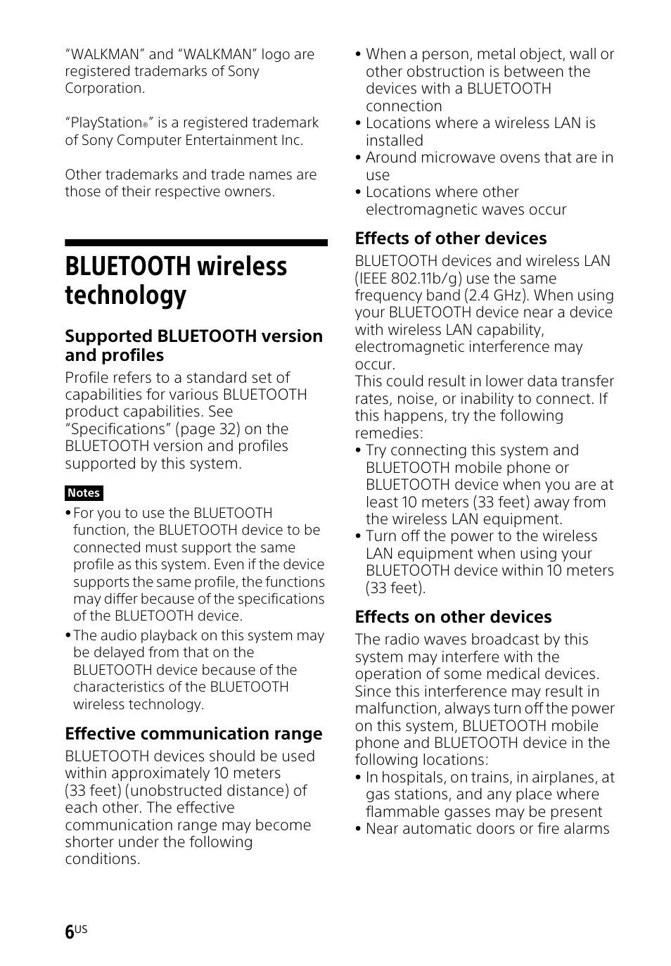Bluetooth wireless technology, Supported bluetooth version and profiles, Effective communication range | Effects of other devices, Effects on other devices | Sony HT-CT260H User Manual | Page 6 / 108