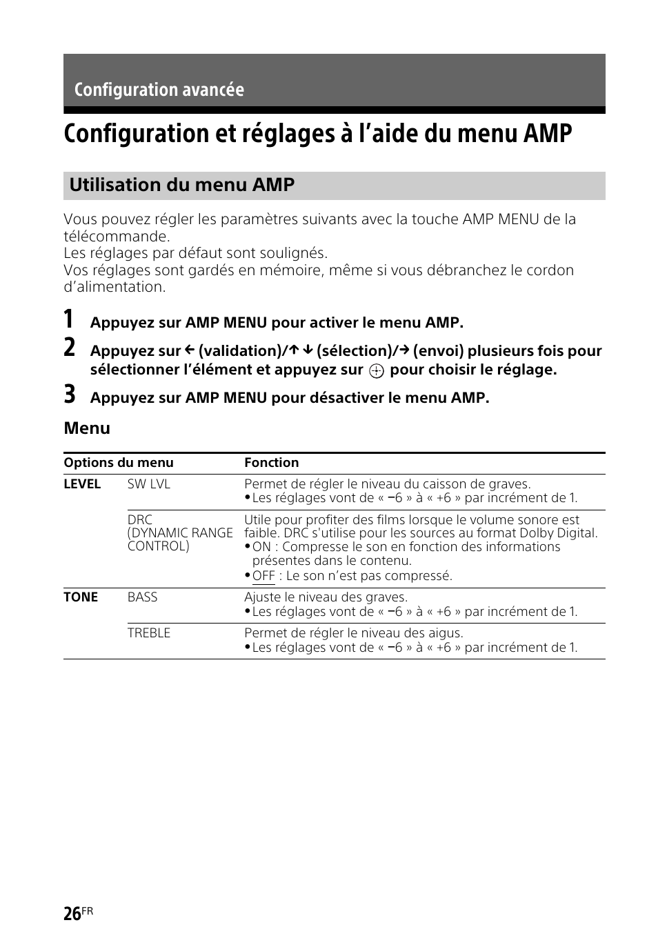 Configuration avancée, Configuration et réglages à l’aide du menu amp, Configuration et réglages à | L’aide du menu amp, Configuration avancée utilisation du menu amp | Sony HT-CT260H User Manual | Page 60 / 108