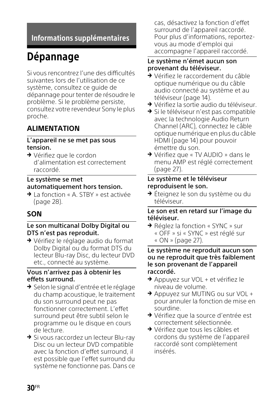 Informations supplémentaires, Dépannage, Informations | Supplémentaires | Sony HT-CT260H User Manual | Page 64 / 108