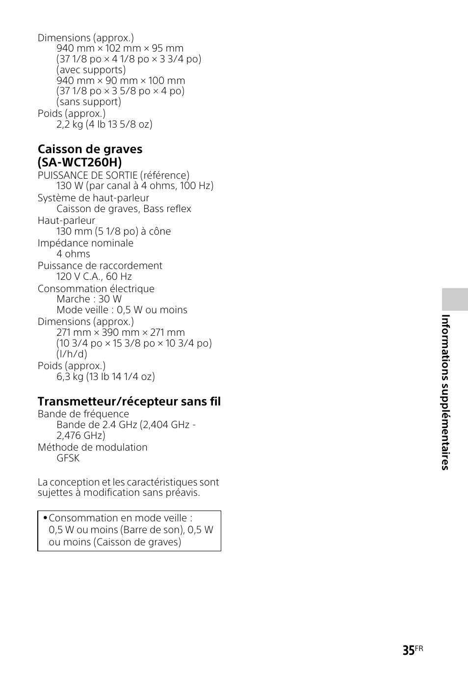 Caisson de graves (sa-wct260h), Transmetteur/récepteur sans fil | Sony HT-CT260H User Manual | Page 69 / 108