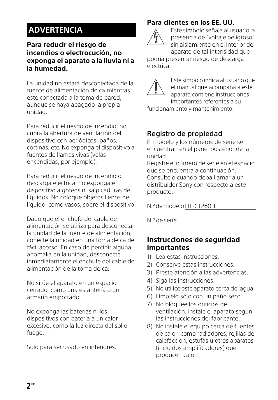 Advertencia | Sony HT-CT260H User Manual | Page 72 / 108