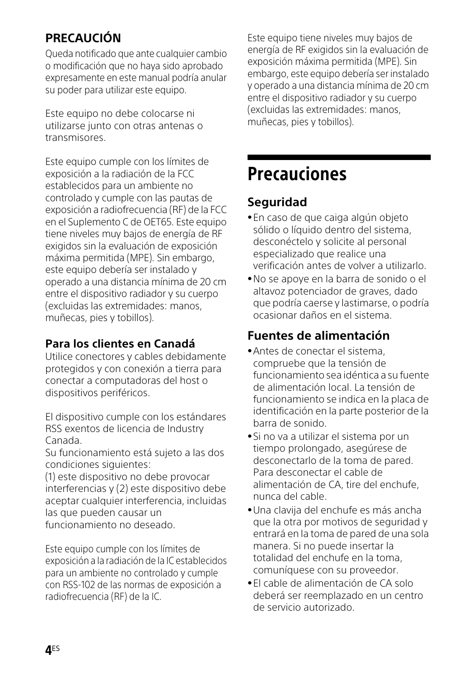 Precauciones, Precaución, Seguridad | Fuentes de alimentación | Sony HT-CT260H User Manual | Page 74 / 108