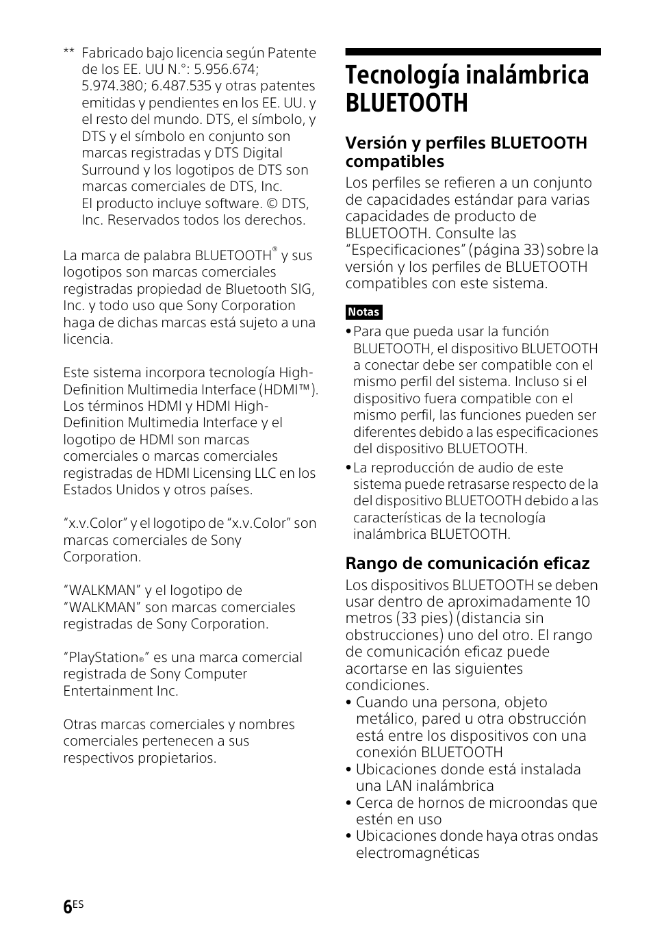 Tecnología inalámbrica bluetooth, Versión y perfiles bluetooth compatibles, Rango de comunicación eficaz | Sony HT-CT260H User Manual | Page 76 / 108