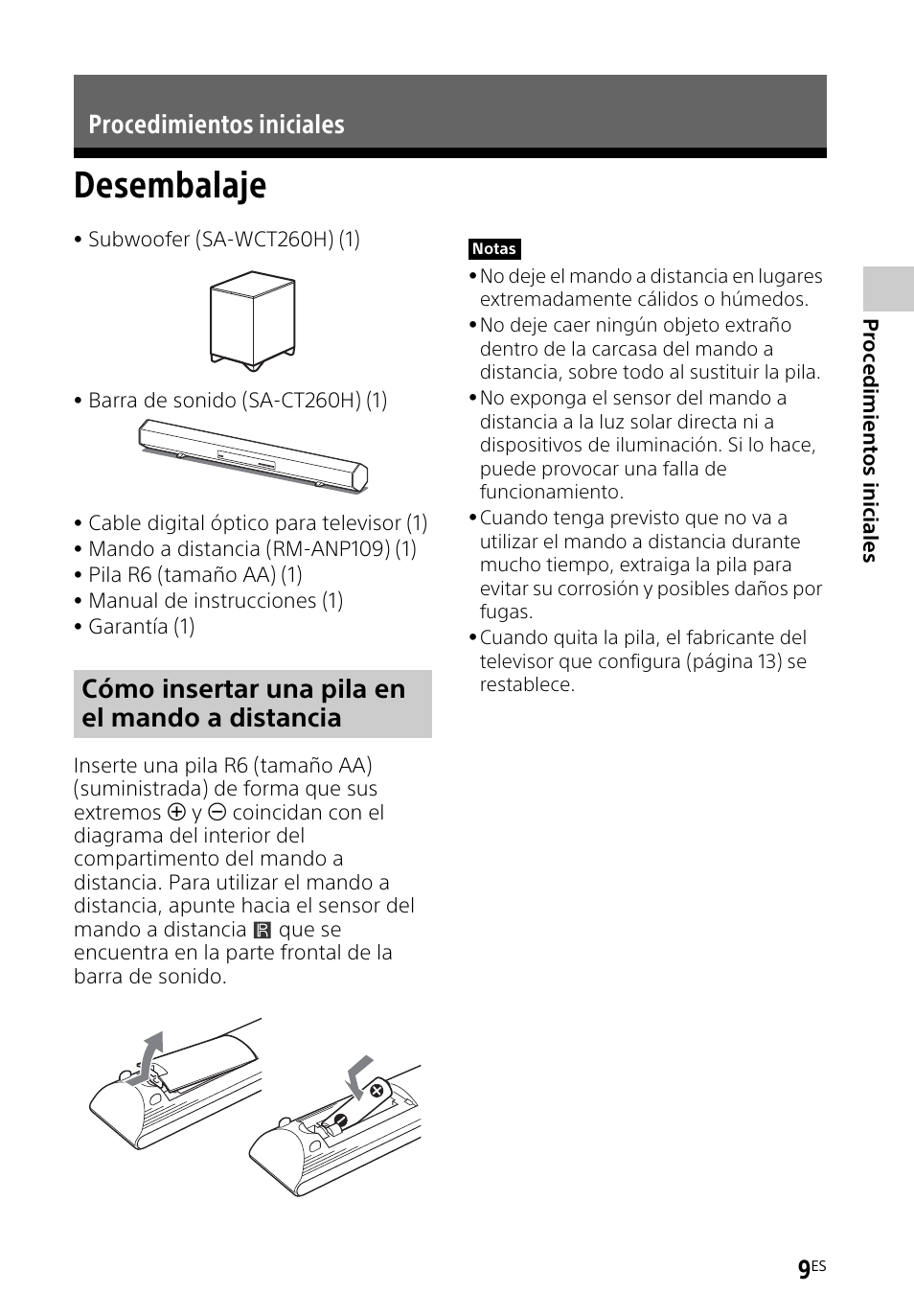 Procedimientos iniciales, Desembalaje | Sony HT-CT260H User Manual | Page 79 / 108