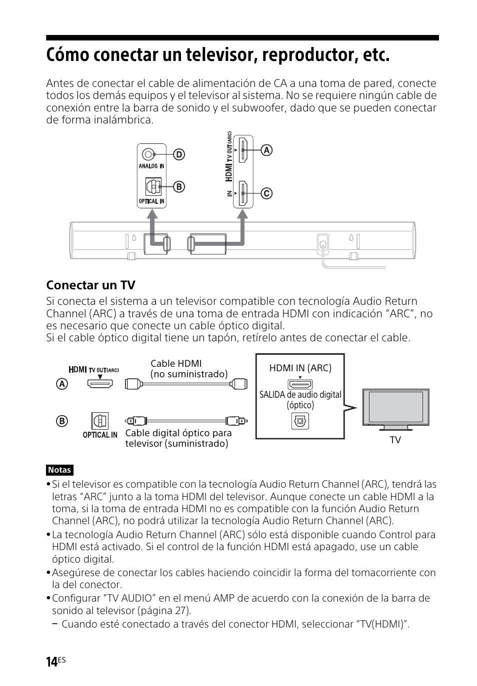 Cómo conectar un televisor, reproductor, etc, Cómo conectar un televisor, Reproductor, etc | Conectar un tv | Sony HT-CT260H User Manual | Page 84 / 108