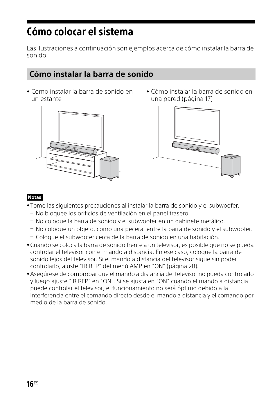 Cómo colocar el sistema, Cómo instalar la barra de sonido | Sony HT-CT260H User Manual | Page 86 / 108