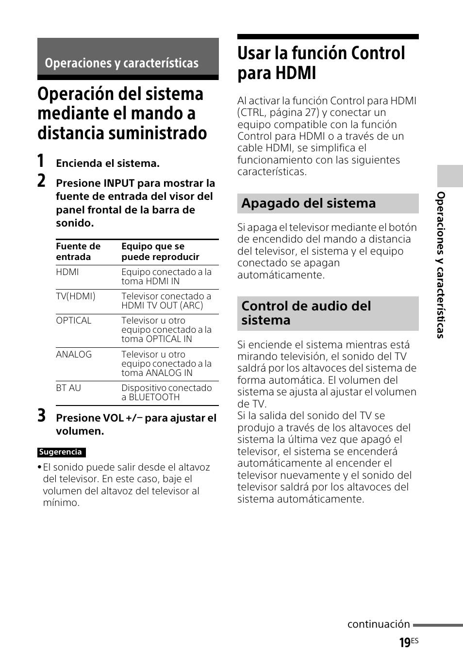 Operaciones y características, Usar la función control para hdmi, Operaciones y | Características, Operación del sistema, Mediante el mando a distancia suministrado, Usar la función control para, Hdmi, Apagado del sistema control de audio del sistema | Sony HT-CT260H User Manual | Page 89 / 108