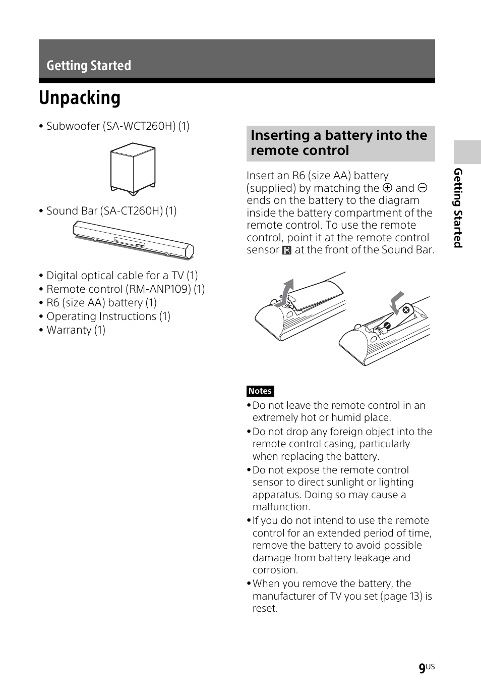 Getting started, Unpacking | Sony HT-CT260H User Manual | Page 9 / 108