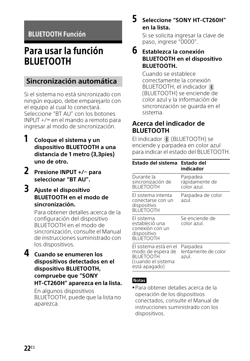 Bluetooth función, Para usar la función bluetooth, Para usar la función | Bluetooth, Bluetooth función sincronización automática | Sony HT-CT260H User Manual | Page 92 / 108