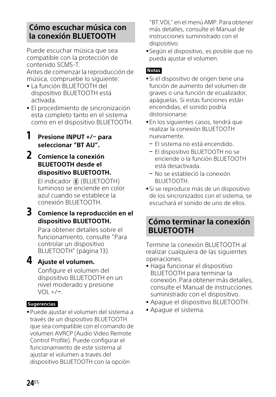 Cómo escuchar música con la conexión bluetooth, Cómo terminar la conexión bluetooth | Sony HT-CT260H User Manual | Page 94 / 108