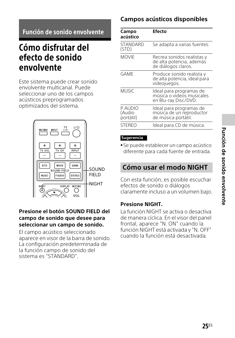 Función de sonido envolvente, Cómo disfrutar del efecto de sonido envolvente, Función de sonido | Envolvente, Cómo disfrutar del efecto, De sonido envolvente, Cómo usar el modo night, Campos acústicos disponibles | Sony HT-CT260H User Manual | Page 95 / 108