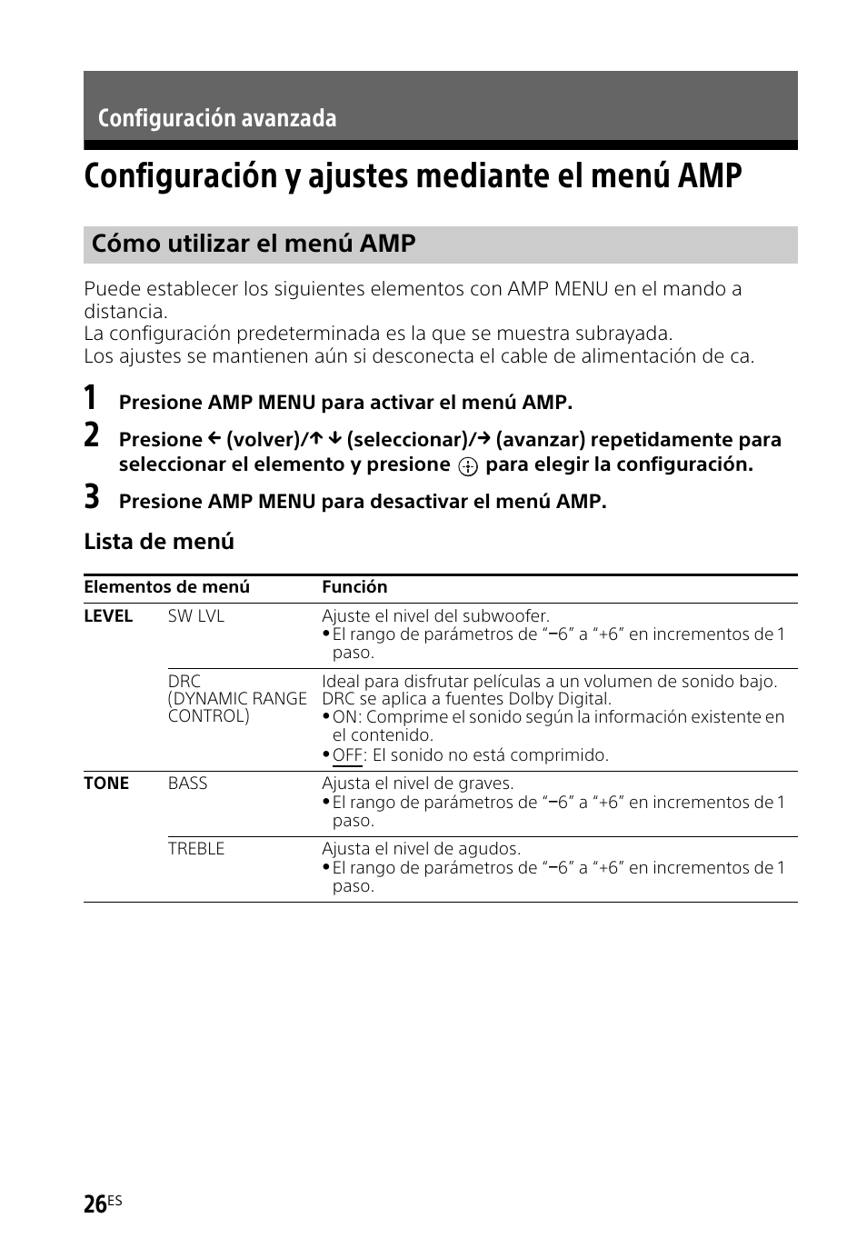 Configuración avanzada, Configuración y ajustes mediante el menú amp, Configuración y ajustes | Mediante el menú amp, Configuración avanzada cómo utilizar el menú amp | Sony HT-CT260H User Manual | Page 96 / 108