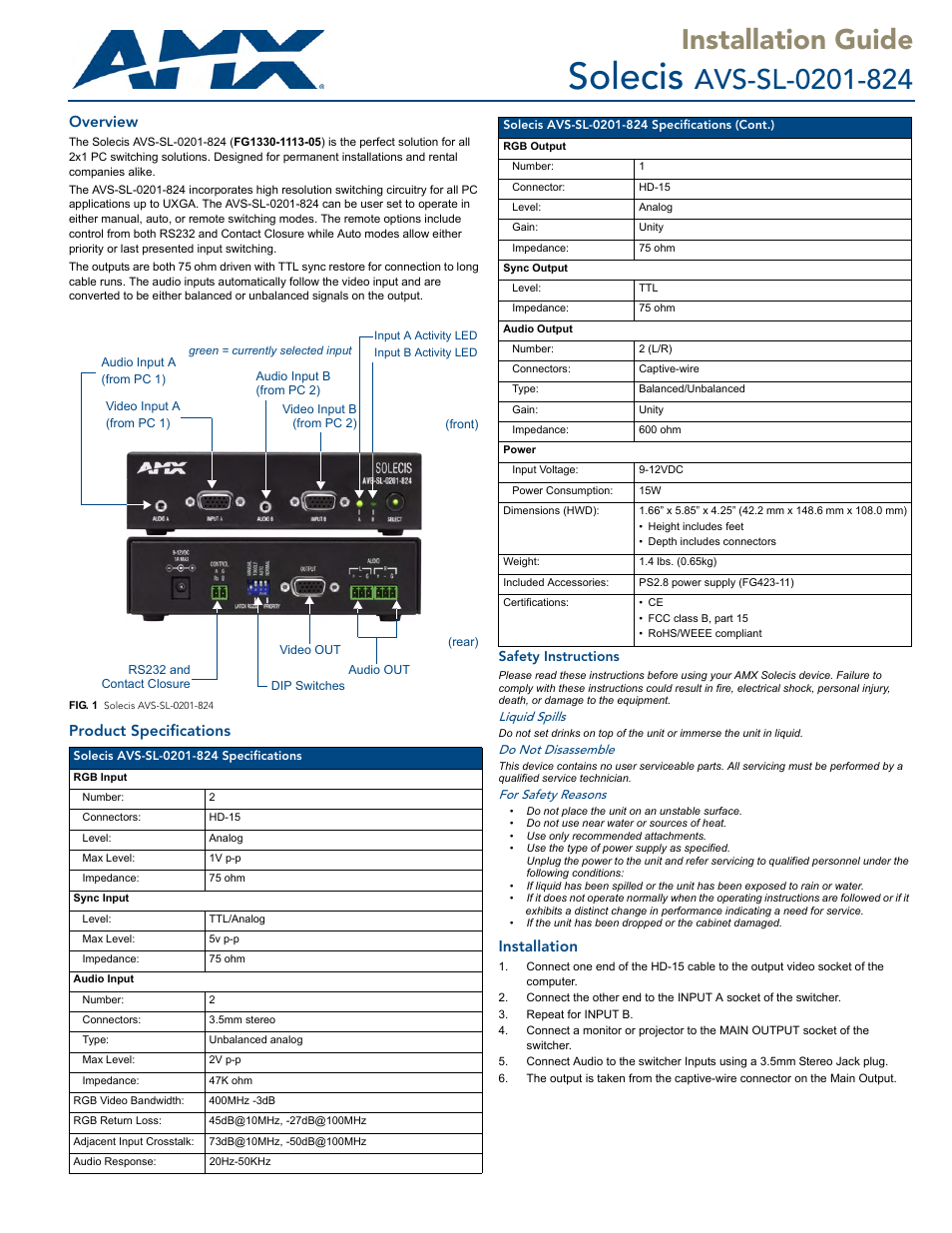 AMX Solecis AVS-SL-0201-824 User Manual | 2 pages