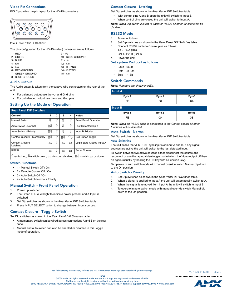 Video pin connections, Audio output, Setting up the mode of operation | Switch functions, Manual switch - front panel operation, Contact closure - toggle switch, Contact closure - latching, Rs232 mode, Set system protocol as follows, Switch commands | AMX Solecis AVS-SL-0201-824 User Manual | Page 2 / 2