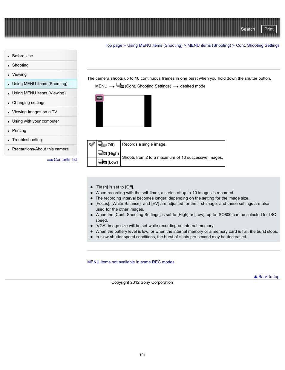Cont. shooting settings, Cyber-shot user guide | Sony DSC-TX20 User Manual | Page 101 / 262