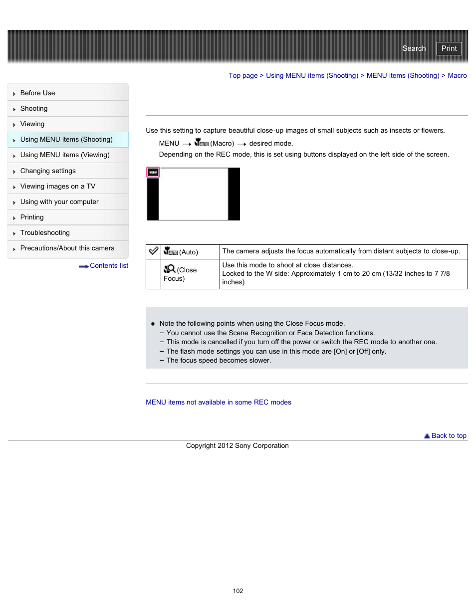 Macro, Cyber-shot user guide | Sony DSC-TX20 User Manual | Page 102 / 262