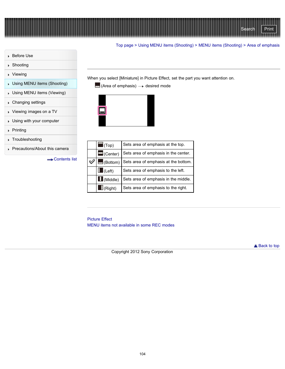 Area of emphasis, Cyber-shot user guide | Sony DSC-TX20 User Manual | Page 104 / 262