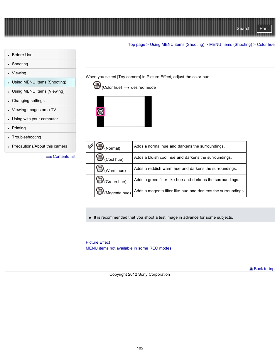 Color hue, Cyber-shot user guide | Sony DSC-TX20 User Manual | Page 105 / 262