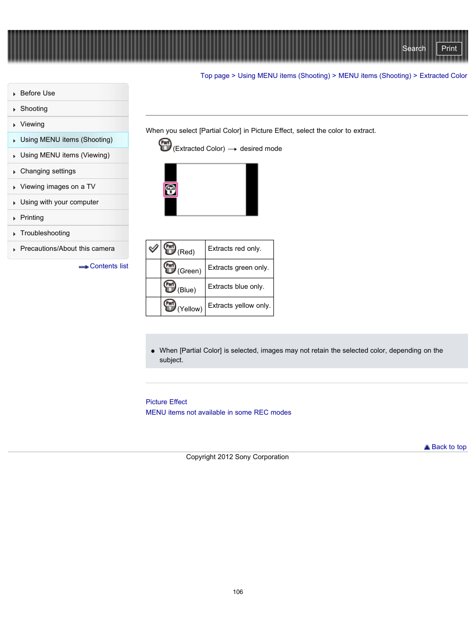 Extracted color, Cyber-shot user guide | Sony DSC-TX20 User Manual | Page 106 / 262