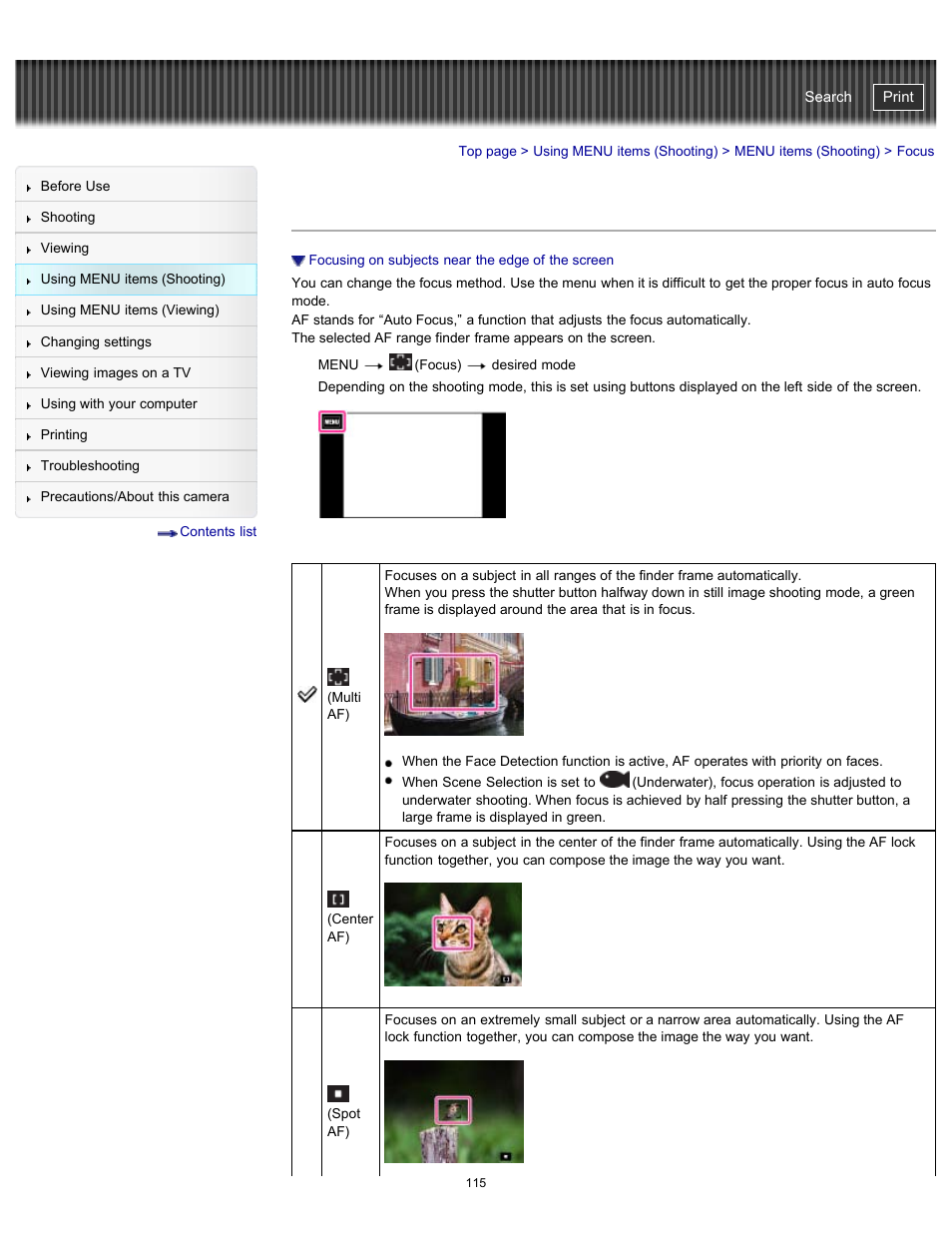 Focus, Details, Cyber-shot user guide | Sony DSC-TX20 User Manual | Page 115 / 262