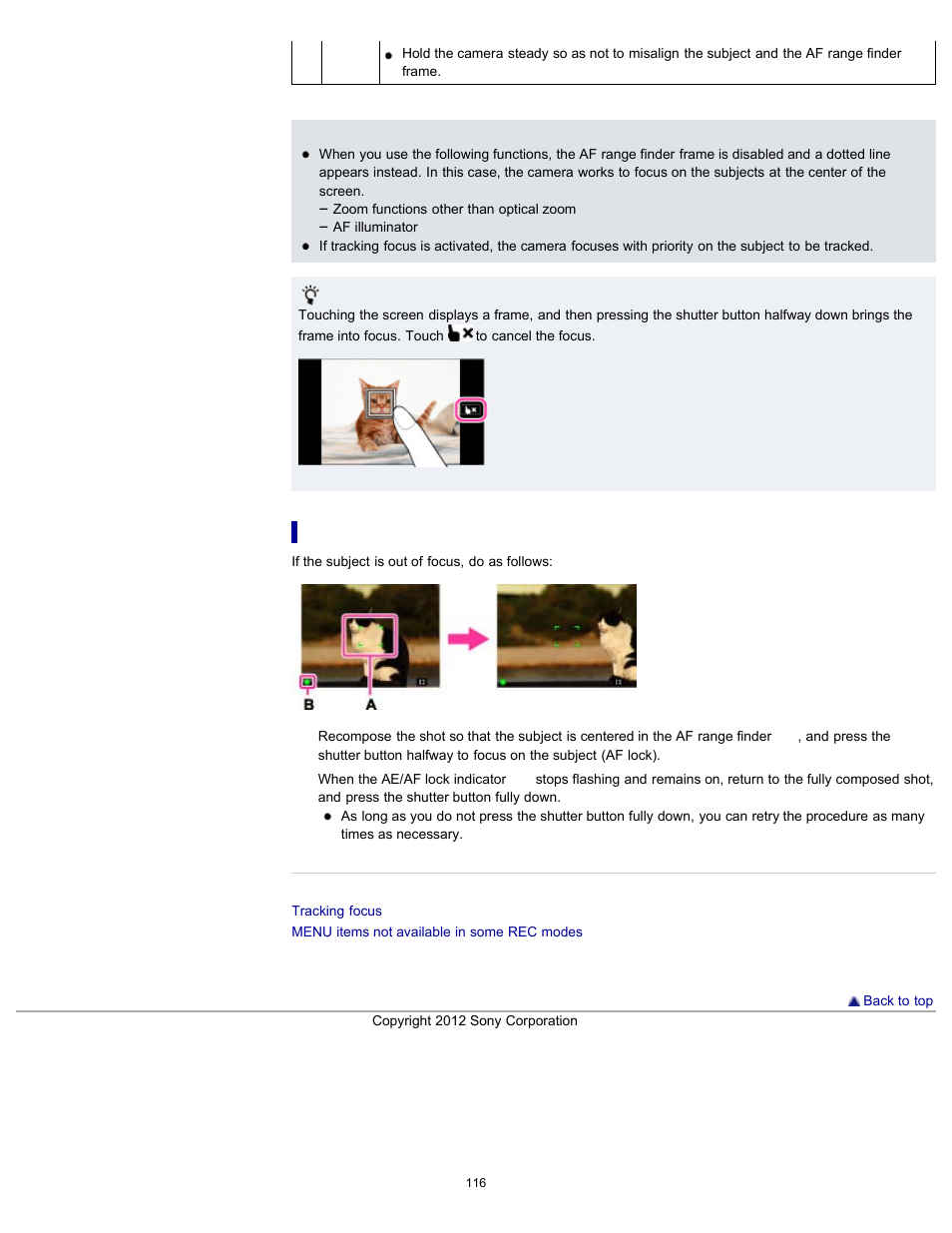 Focusing on subjects near the edge of the screen | Sony DSC-TX20 User Manual | Page 116 / 262