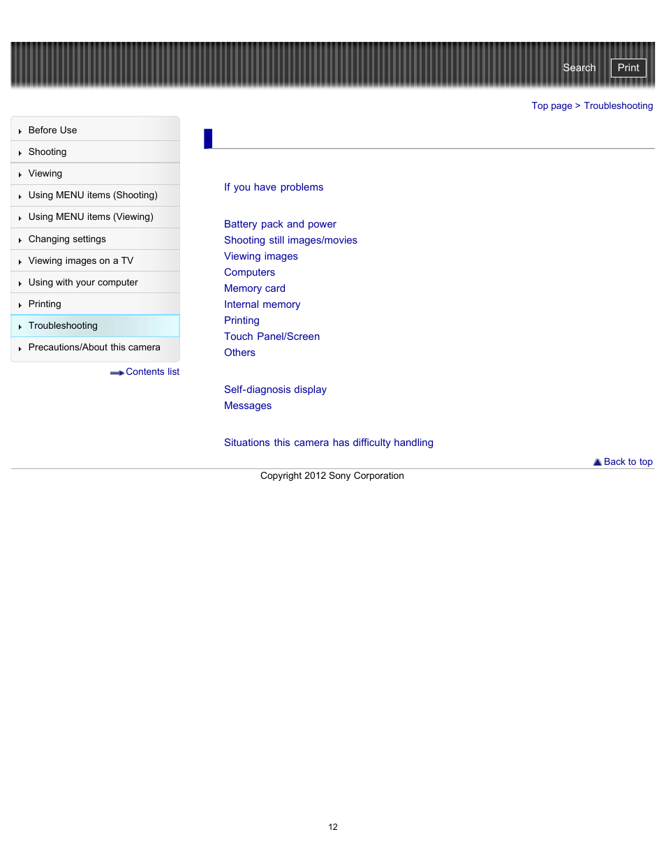 Troubleshooting, Cyber-shot user guide | Sony DSC-TX20 User Manual | Page 12 / 262