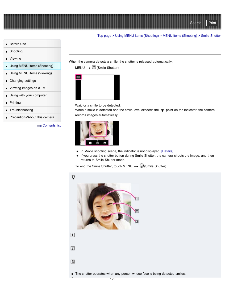 Smile shutter, Cyber-shot user guide | Sony DSC-TX20 User Manual | Page 121 / 262