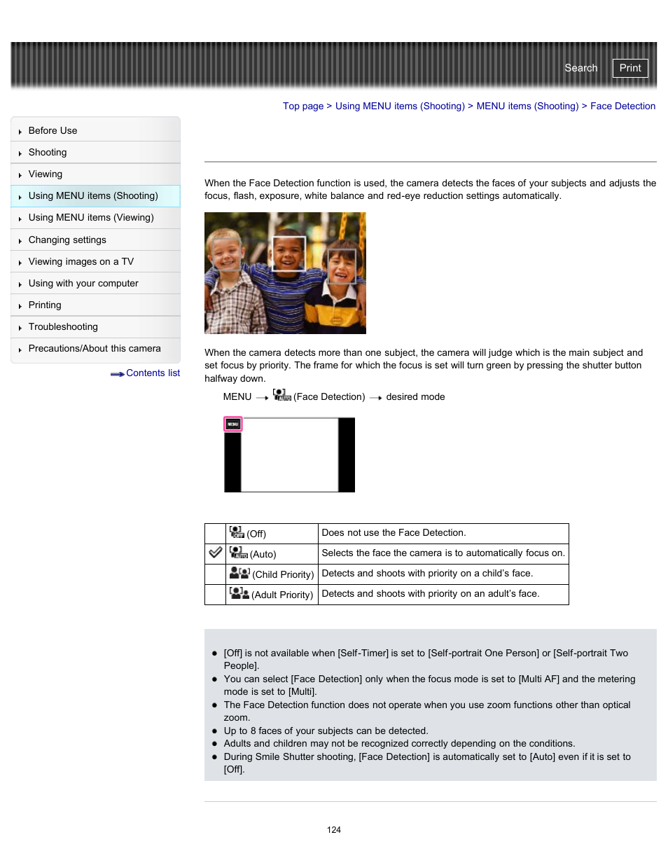 Face detection, Details, Cyber-shot user guide | Sony DSC-TX20 User Manual | Page 124 / 262