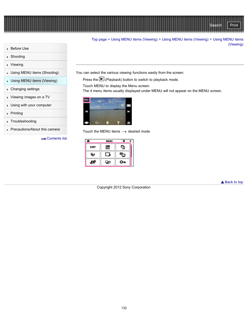 Using menu items (viewing), Cyber-shot user guide | Sony DSC-TX20 User Manual | Page 132 / 262