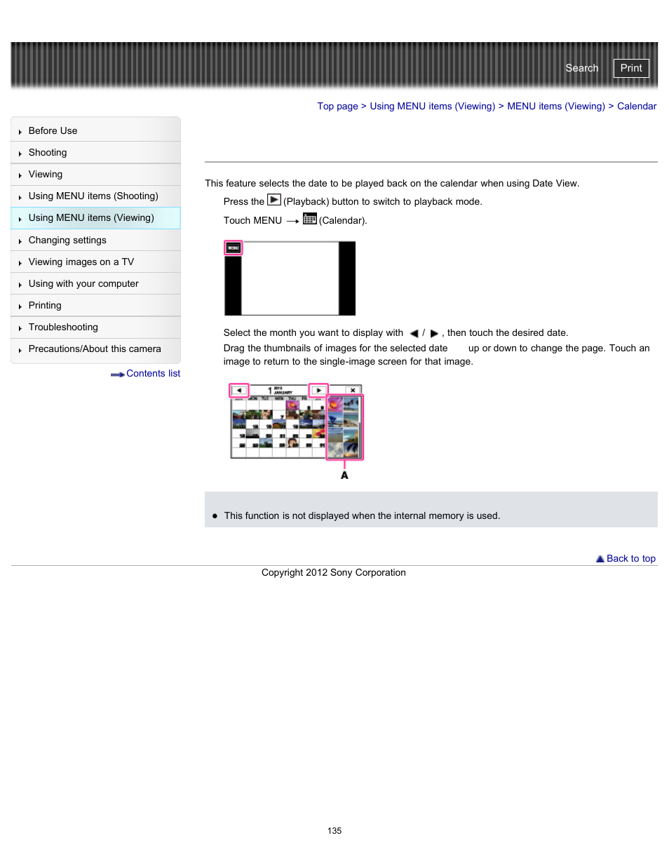 Calendar, Cyber-shot user guide | Sony DSC-TX20 User Manual | Page 135 / 262