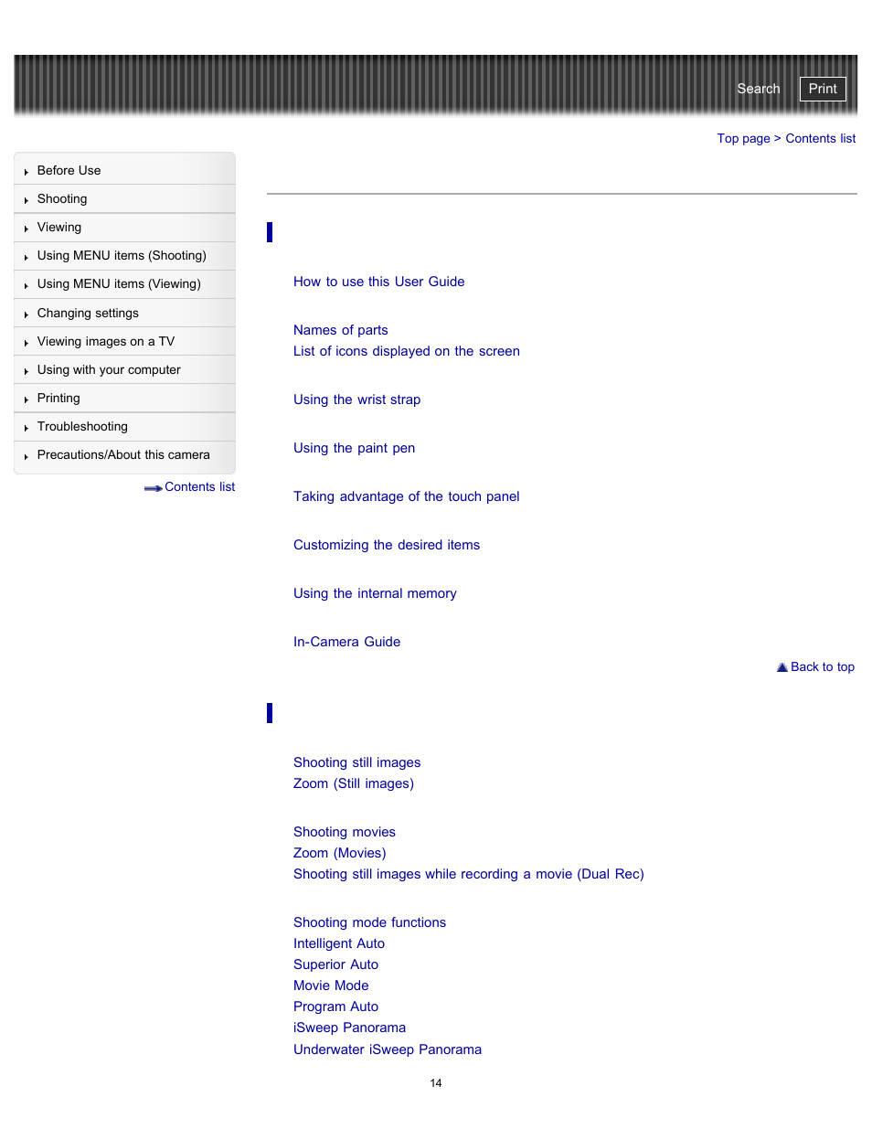 Contents list | Sony DSC-TX20 User Manual | Page 14 / 262
