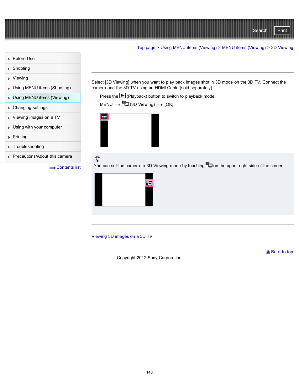 3d viewing, Cyber-shot user guide | Sony DSC-TX20 User Manual | Page 148 / 262