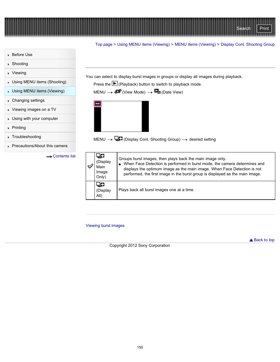Display cont. shooting group, Cyber-shot user guide | Sony DSC-TX20 User Manual | Page 150 / 262