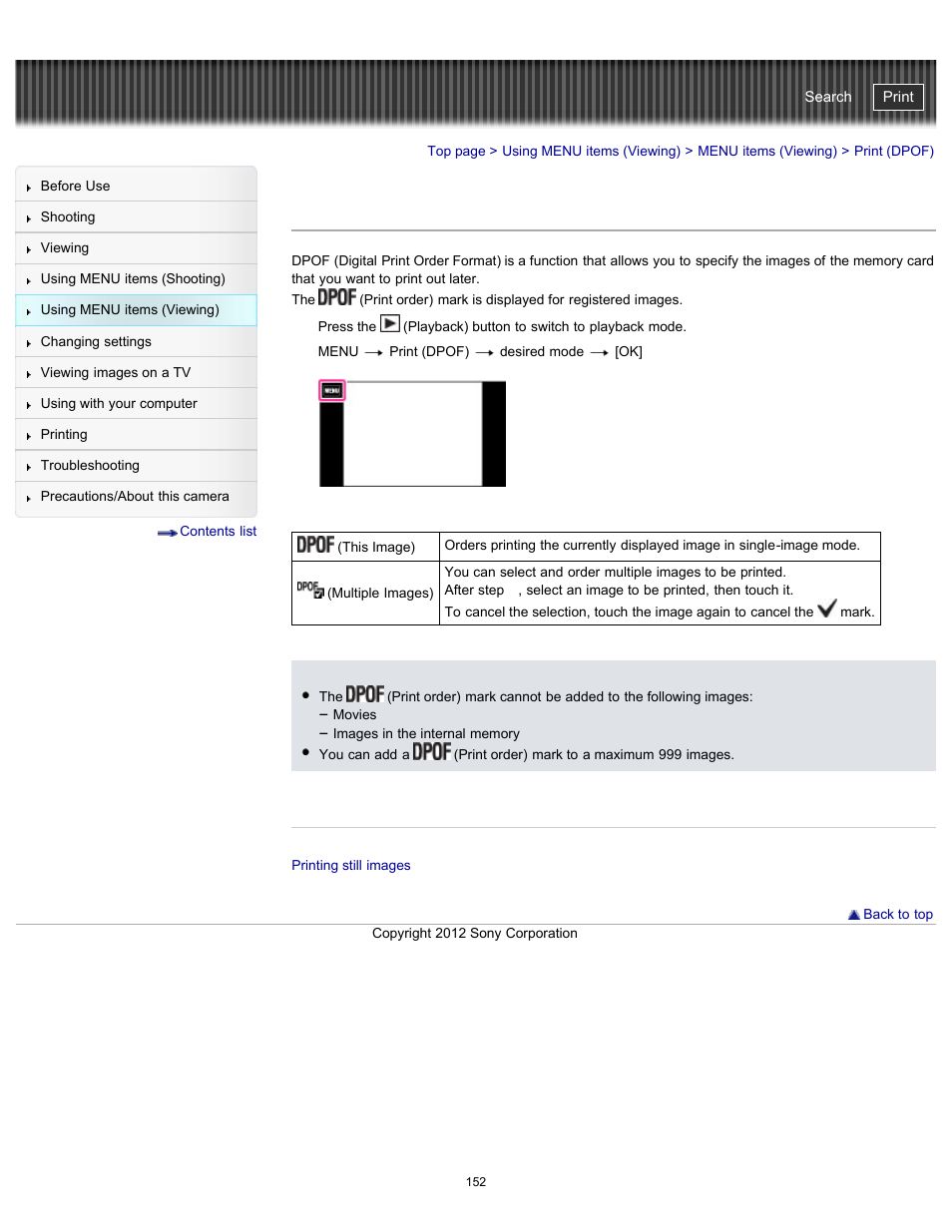 Print (dpof), Cyber-shot user guide | Sony DSC-TX20 User Manual | Page 152 / 262