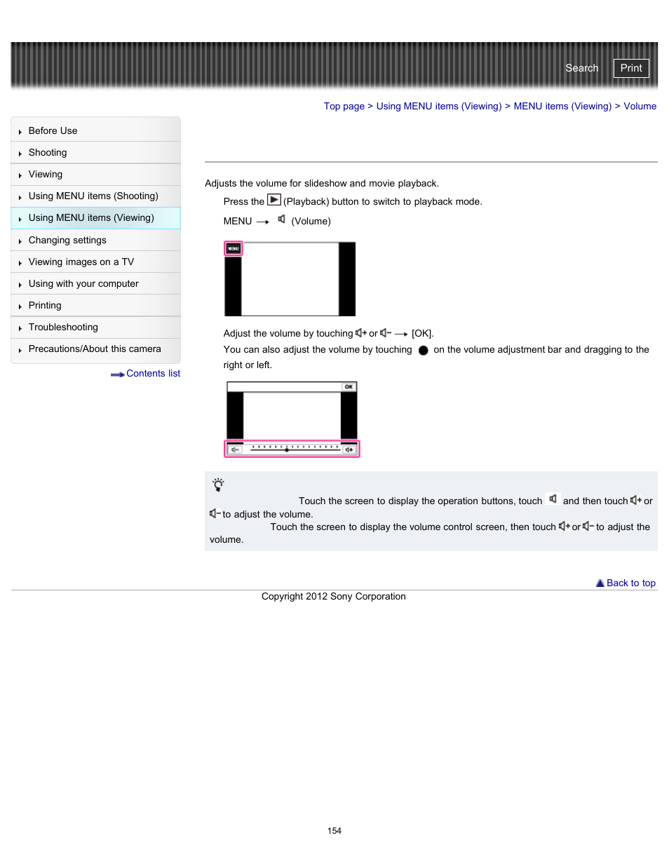 Volume, Cyber-shot user guide | Sony DSC-TX20 User Manual | Page 154 / 262