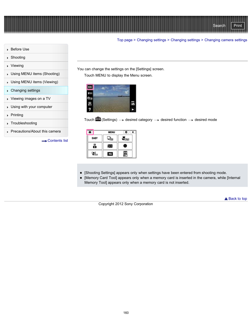Changing camera settings, Cyber-shot user guide | Sony DSC-TX20 User Manual | Page 160 / 262
