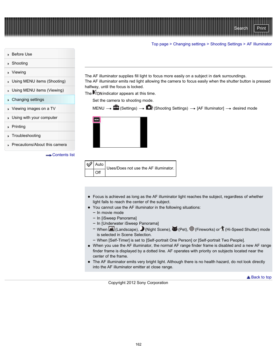 Af illuminator, Cyber-shot user guide | Sony DSC-TX20 User Manual | Page 162 / 262