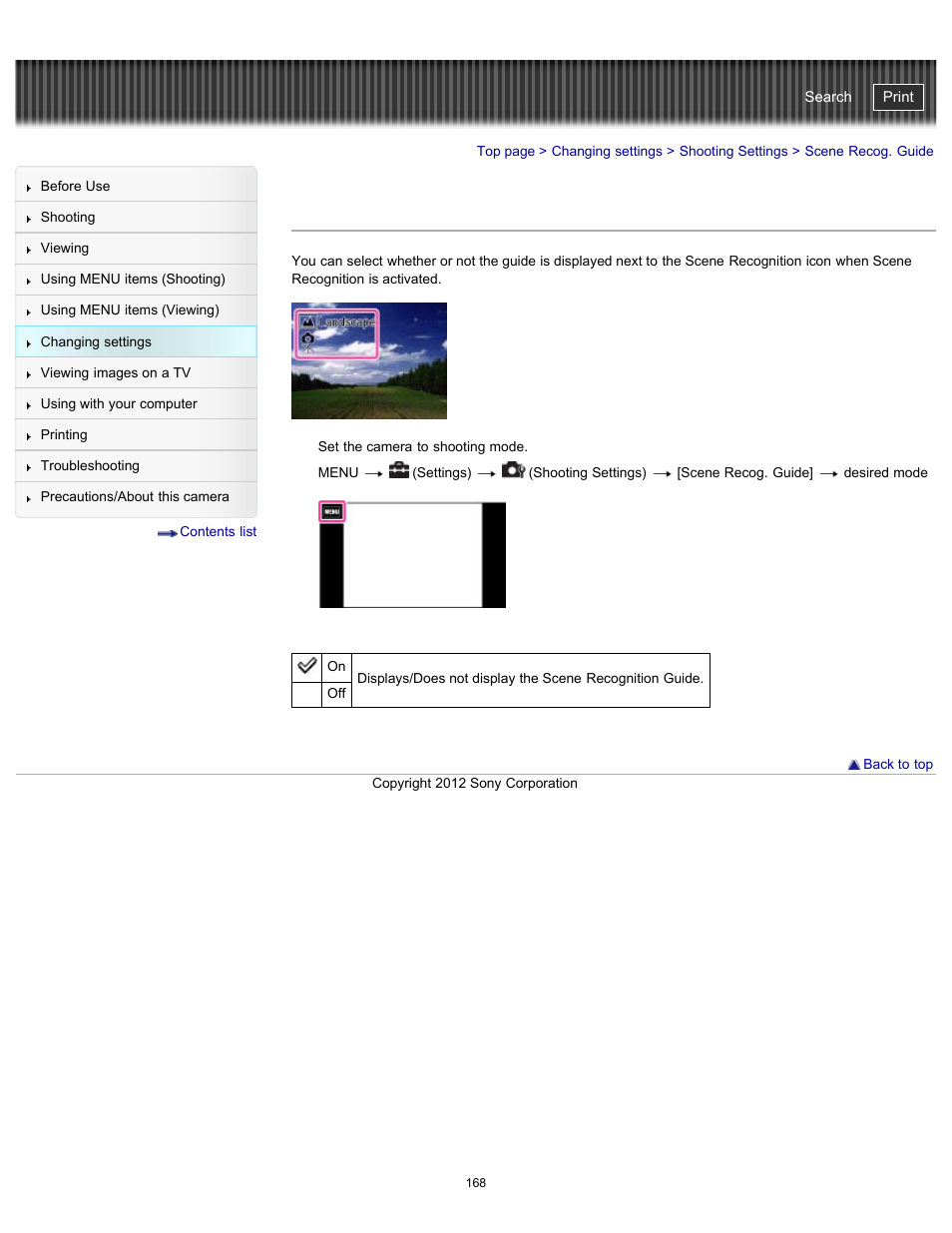 Scene recog. guide, Cyber-shot user guide | Sony DSC-TX20 User Manual | Page 168 / 262