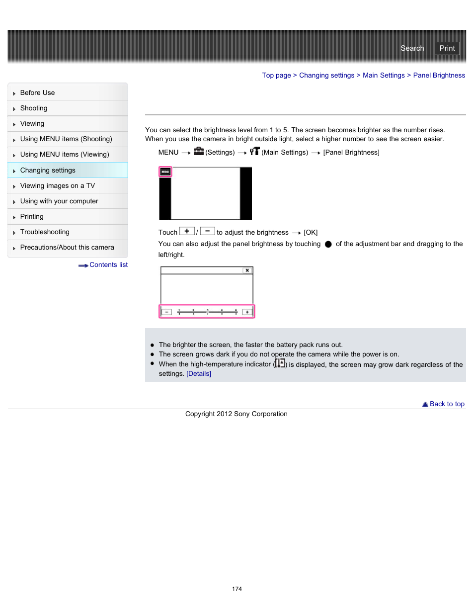 Panel brightness, Cyber-shot user guide | Sony DSC-TX20 User Manual | Page 174 / 262