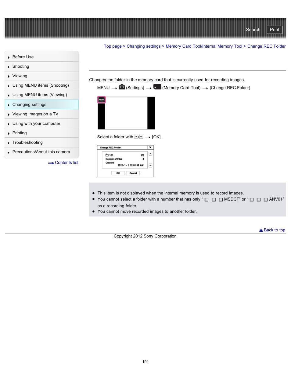 Change rec.folder, Details, Cyber-shot user guide | Sony DSC-TX20 User Manual | Page 194 / 262