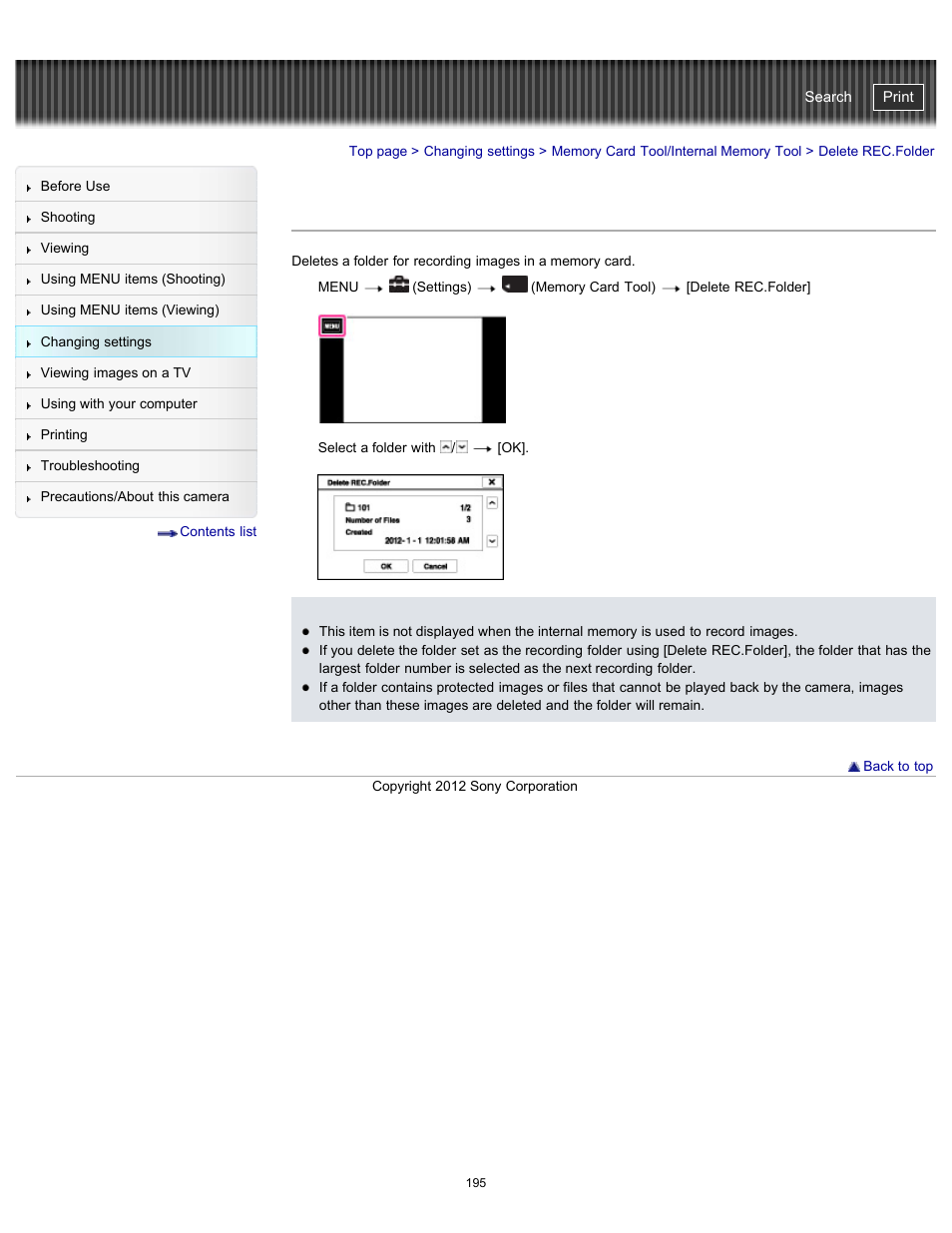 Delete rec.folder, Cyber-shot user guide | Sony DSC-TX20 User Manual | Page 195 / 262