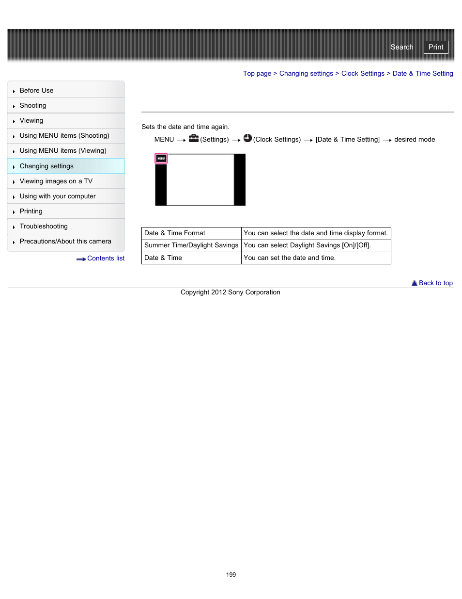 Date & time setting, Cyber-shot user guide | Sony DSC-TX20 User Manual | Page 199 / 262