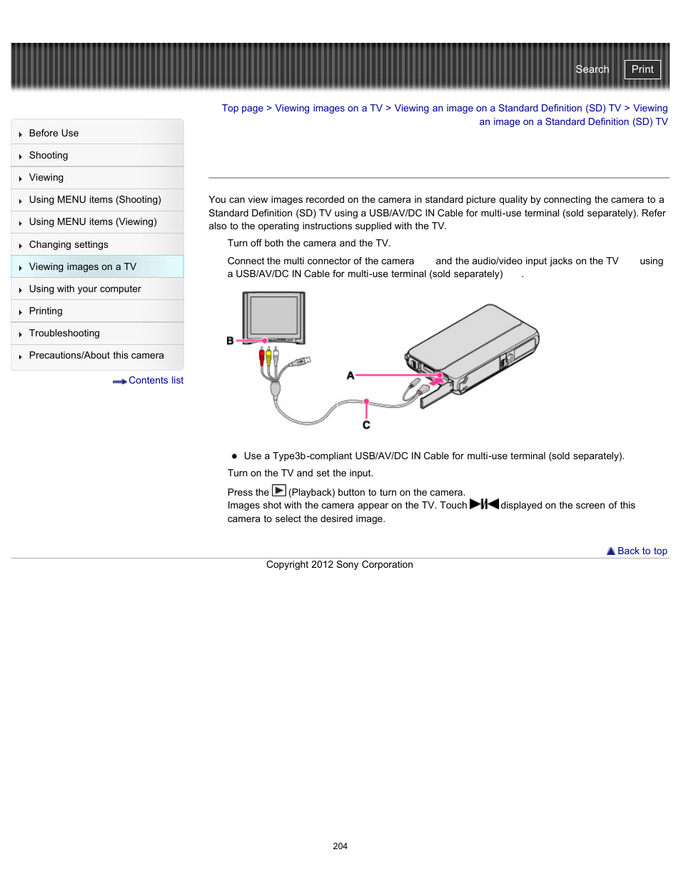 Viewing an image on a standard definition (sd) tv, Cyber-shot user guide | Sony DSC-TX20 User Manual | Page 204 / 262
