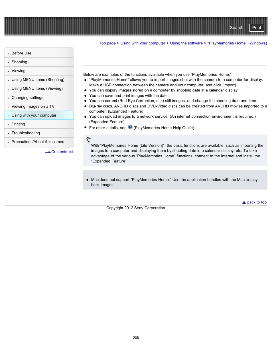 Playmemories home” (windows), Cyber-shot user guide | Sony DSC-TX20 User Manual | Page 208 / 262