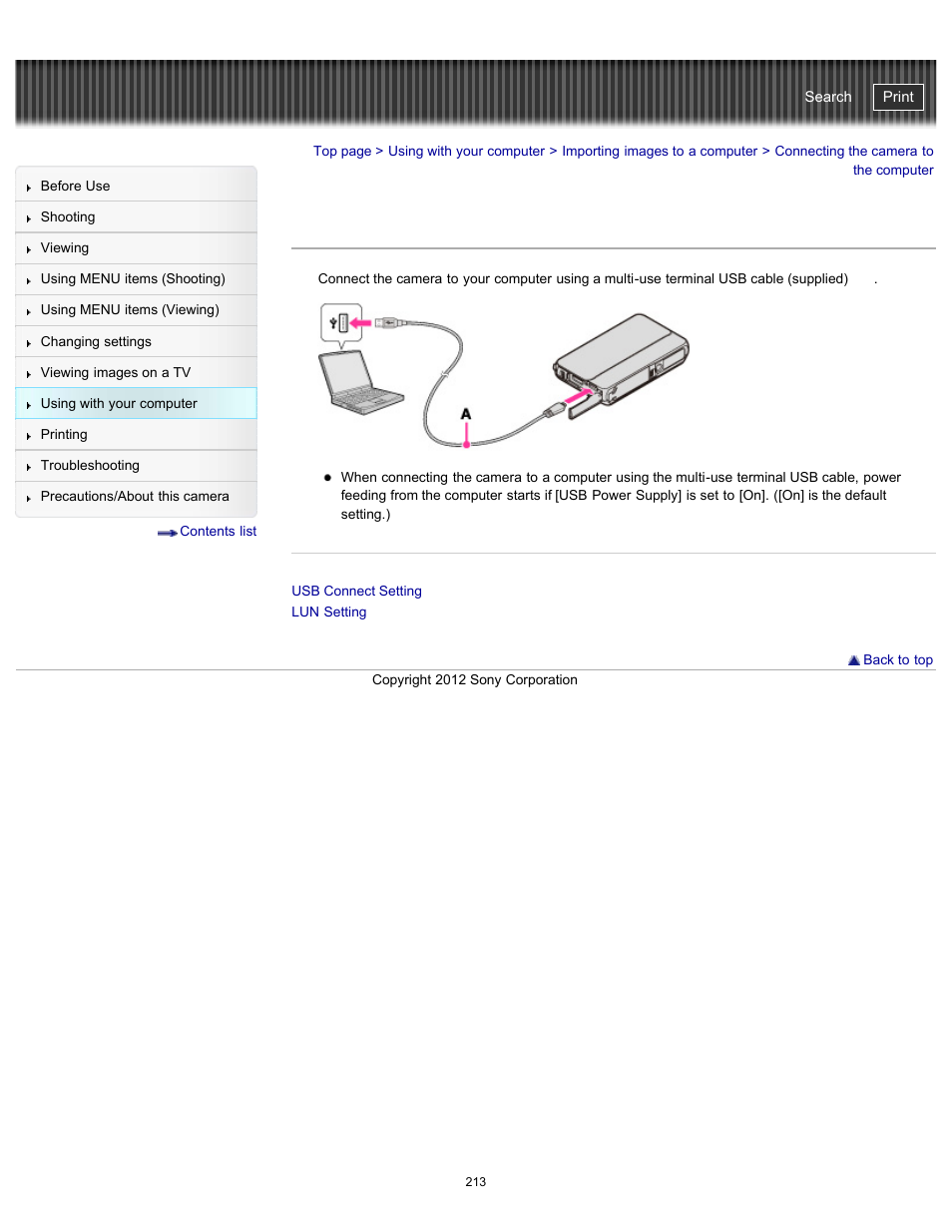 Connecting the camera to the computer, Cyber-shot user guide | Sony DSC-TX20 User Manual | Page 213 / 262
