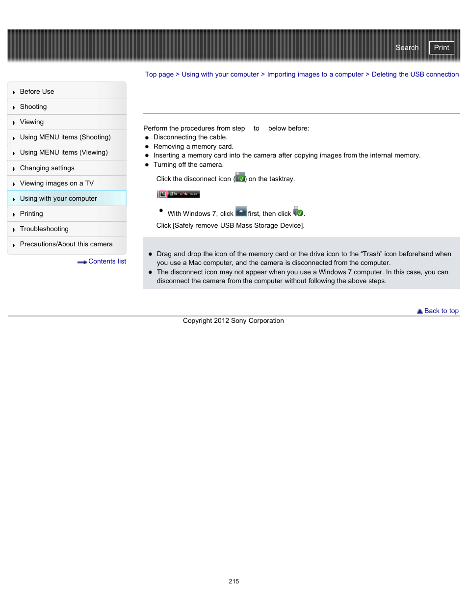 Deleting the usb connection, Cyber-shot user guide | Sony DSC-TX20 User Manual | Page 215 / 262