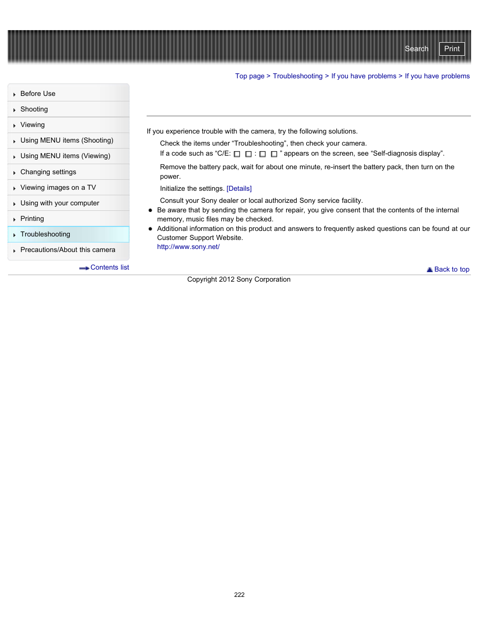 If you have problems, Cyber-shot user guide | Sony DSC-TX20 User Manual | Page 222 / 262